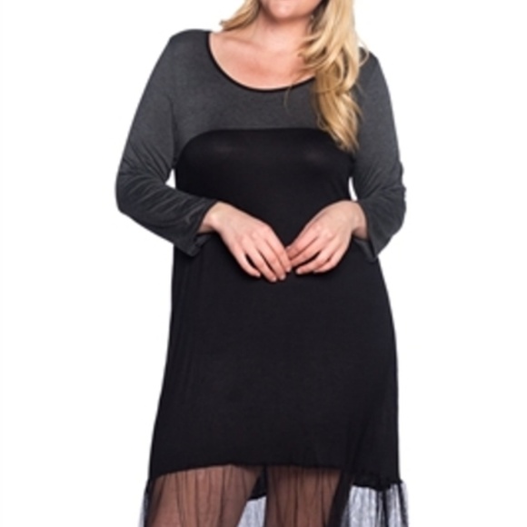Celeste 3X Midi/Maxi O'Neck Black/Gray Block Lace Hem Ragland Sleeve Comfy Dress - Picture 1 of 7